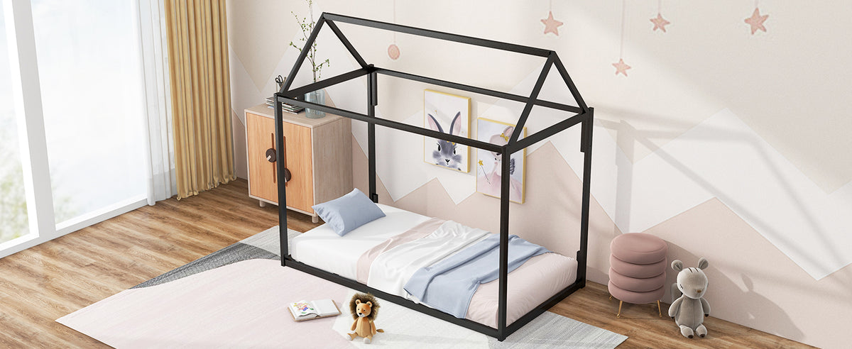Metal House Twin Platform Bed – White Finish