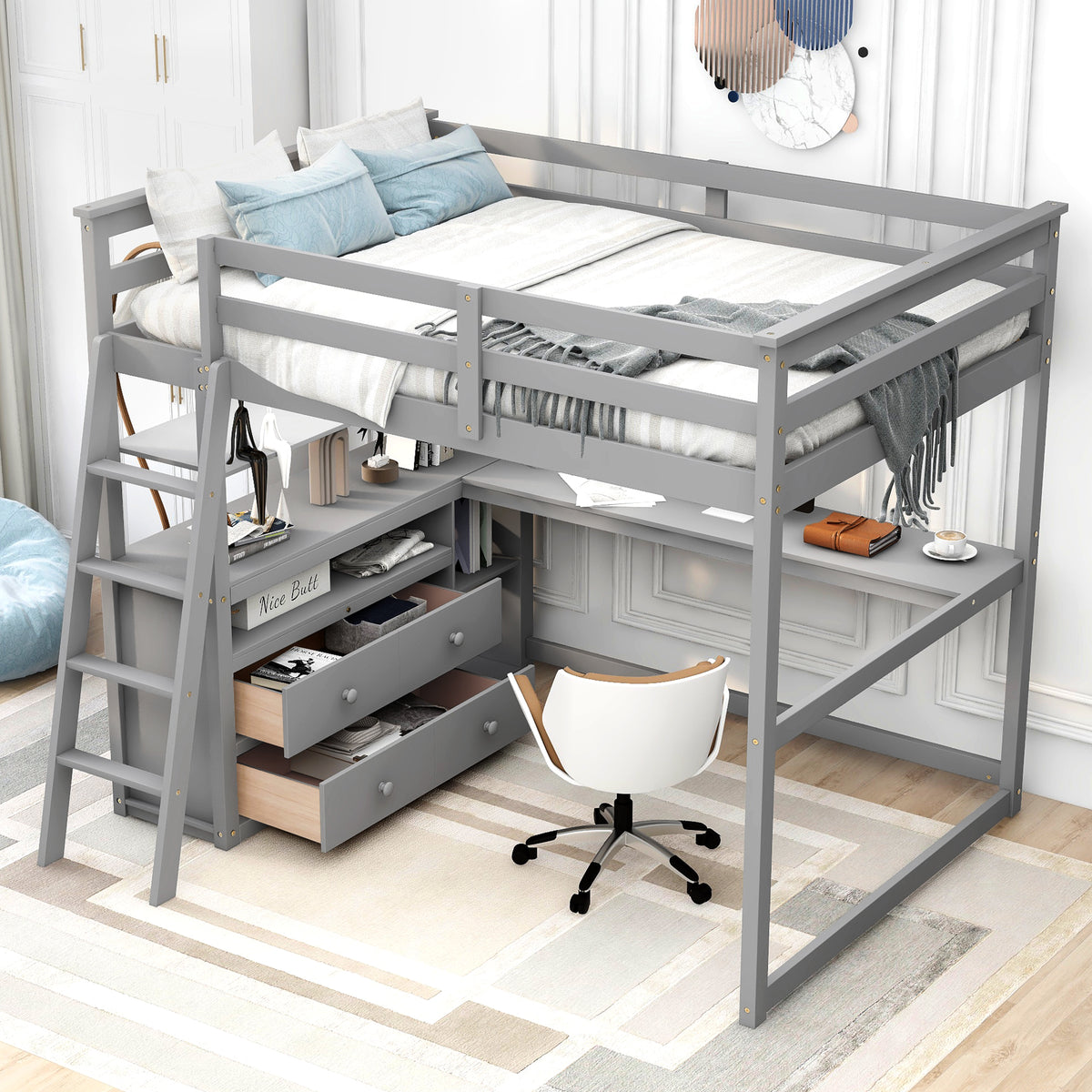 Full Loft Bed with Shelves Gray