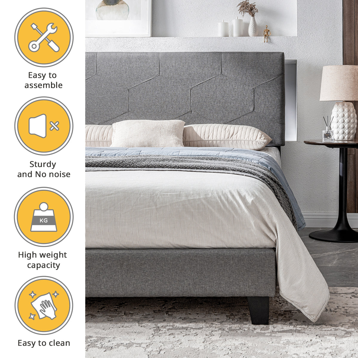 Queen Upholstered Platform Bed – Grey Upholstery