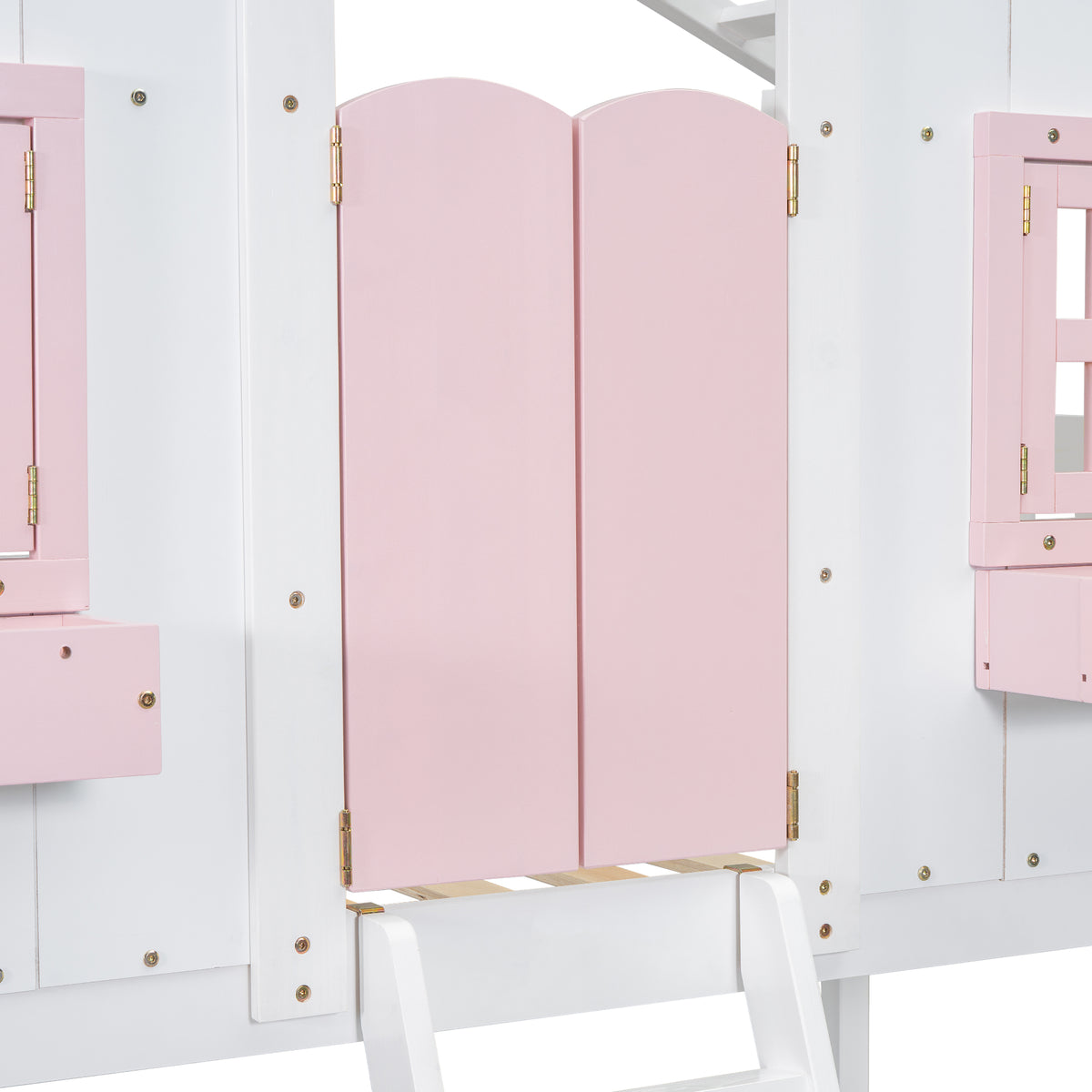 Twin House Bunk Bed with Ladder Pink White