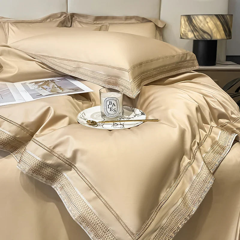 Royal Retreat Gold Edging Embroidered 1000 TC Duvet Set - Champaign