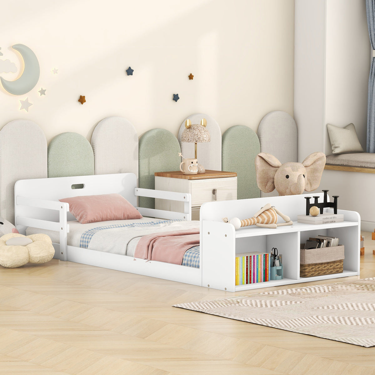 Twin Floor Bed with Guardrail White