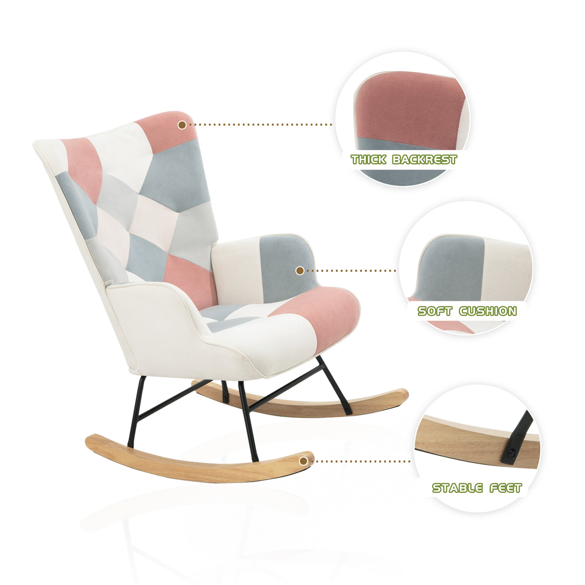 Mid-Century Patchwork Rocking Chair with Ottoman – Wood Legs