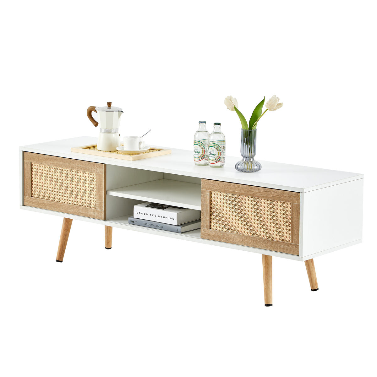 Rattan TV Cabinet with Adjustable Shelves White