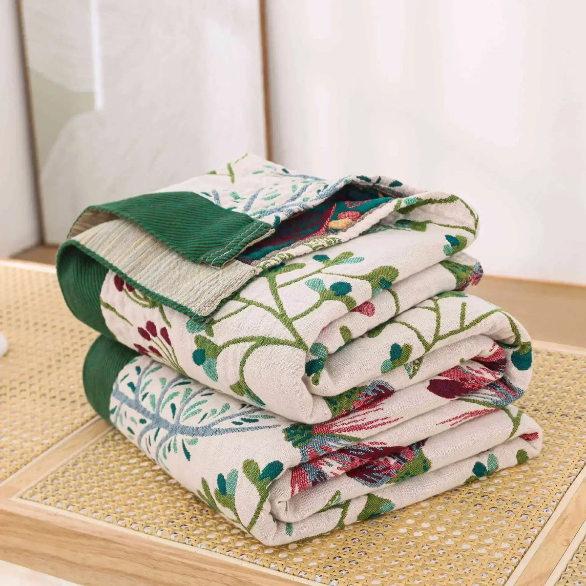 Wild Garden Boho Cotton Blanket/Throw - Cream/Emerald Green