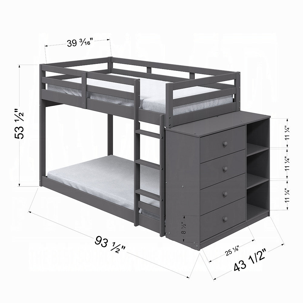 Barney Twin Bunk/Loft Bed W/Drawers & Storage - Grey