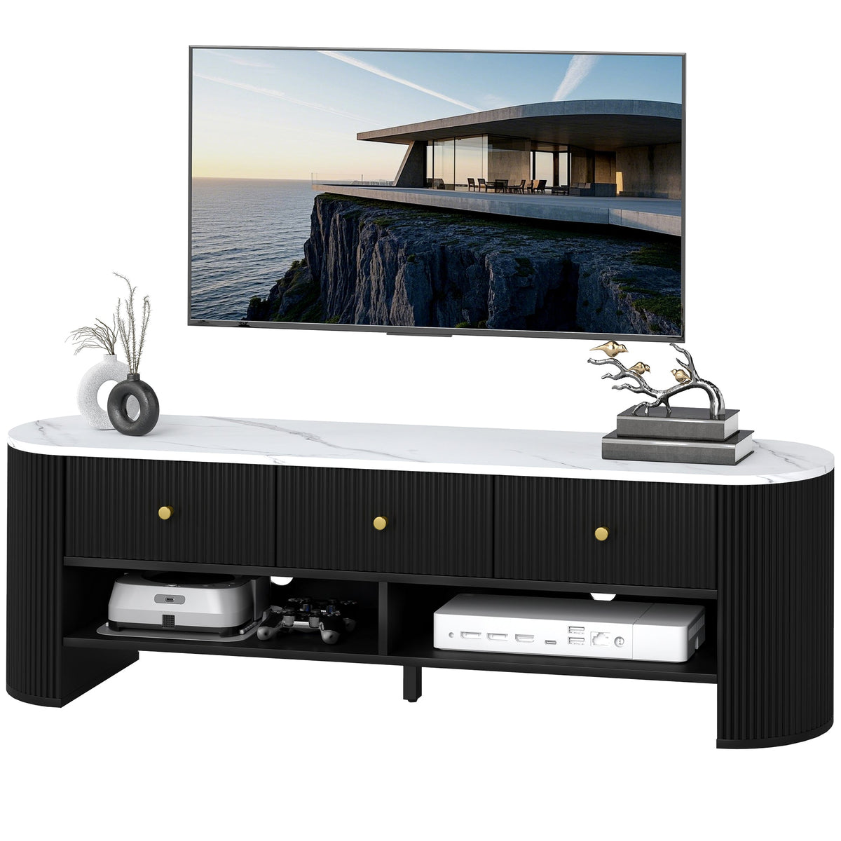 Colby Modern TV Stand with Marble-Effect Top and Storage Drawers-Natural