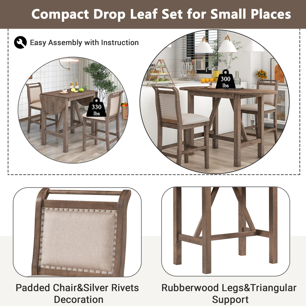 3-Piece Counter Dining Set Brown