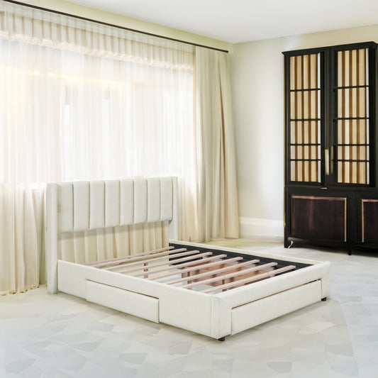 Upholstered Platform Bed with Drawers Beige