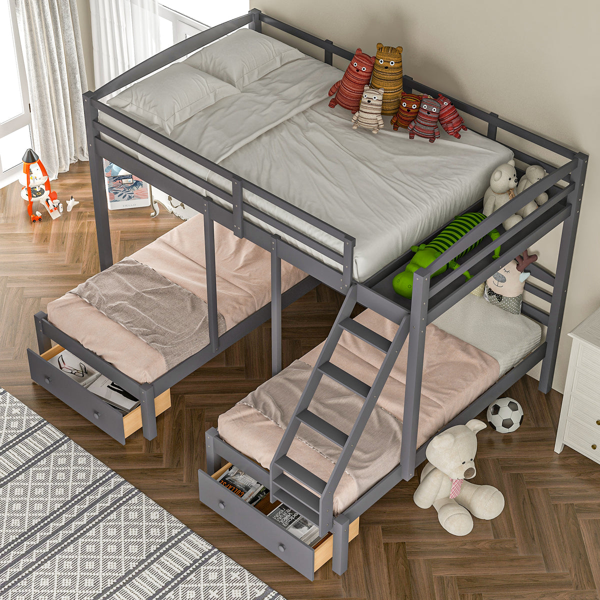 Full Triple Bunk Bed Gray