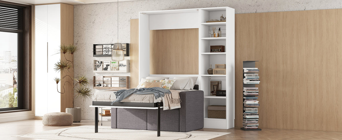 Murphy Bed with Sofa and Shelves White