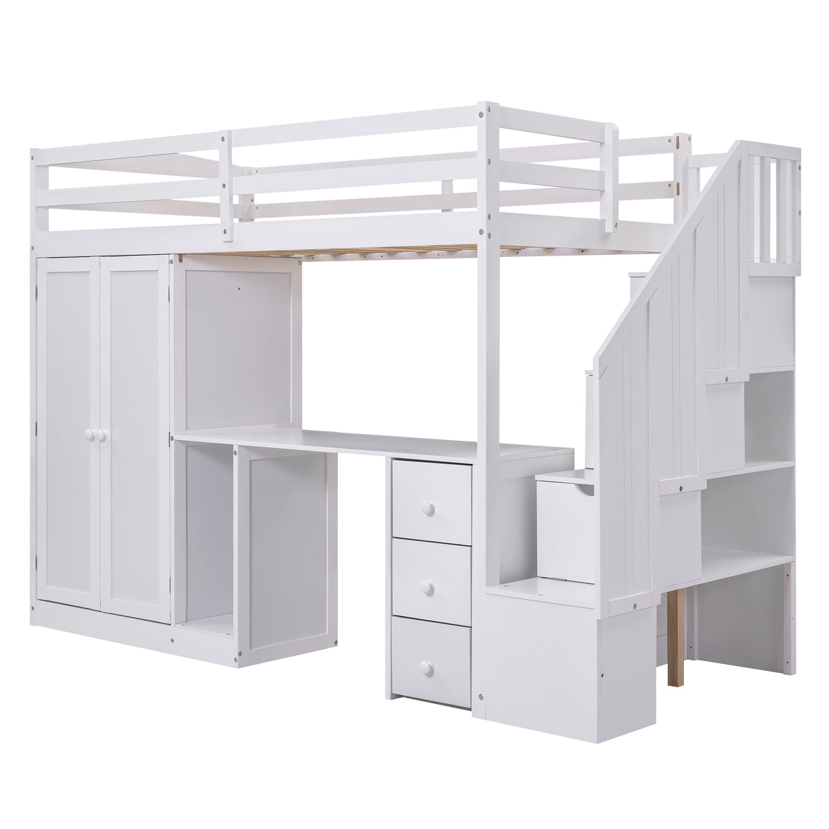 Loft Bed with Wardrobe and Storage Drawers White