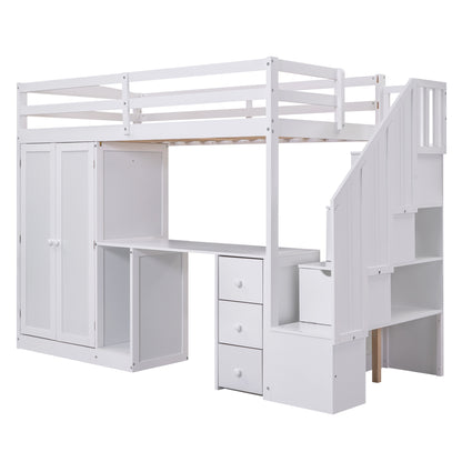 Loft Bed with Wardrobe and Storage Drawers White