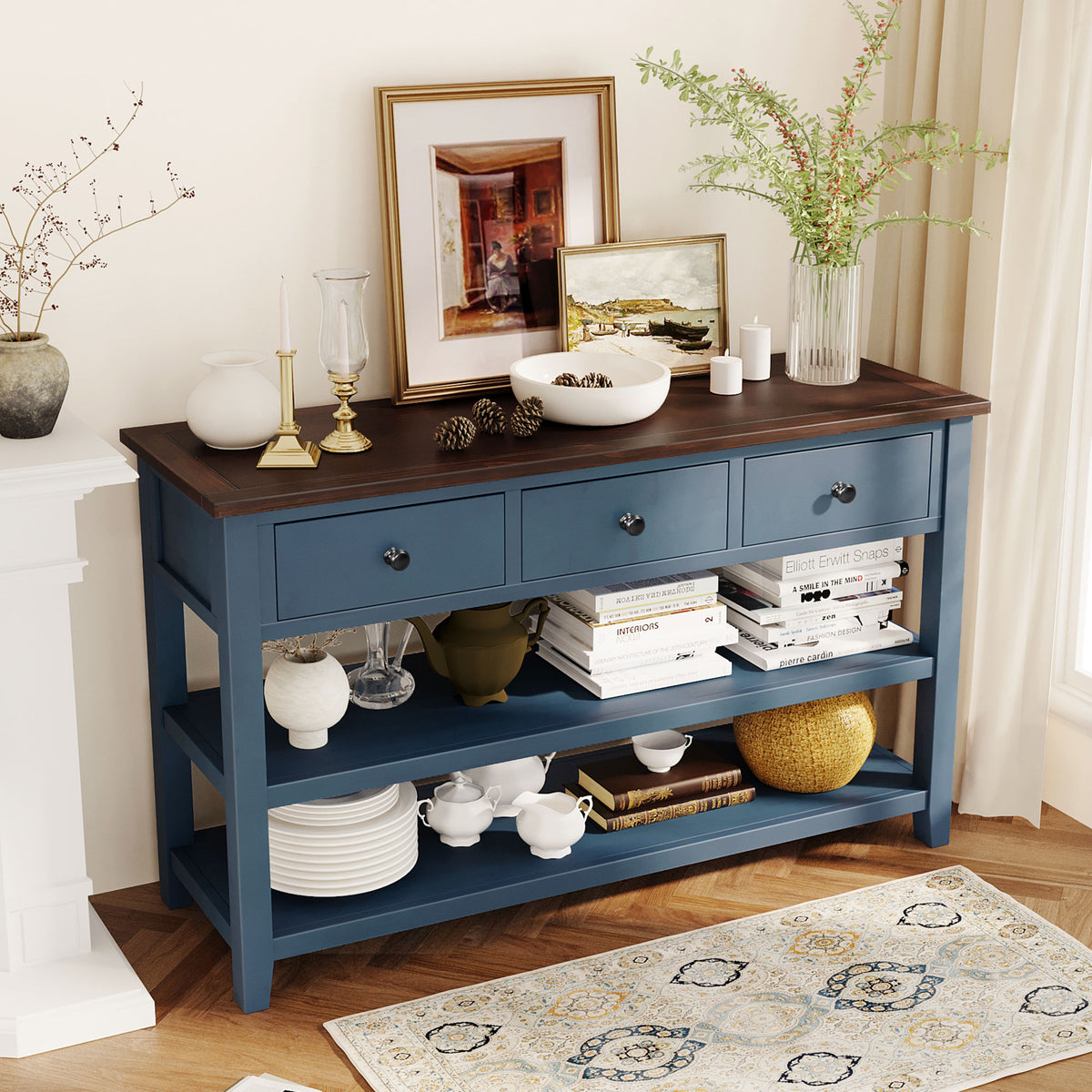 Retro Console Table with Shelves Navy Espresso