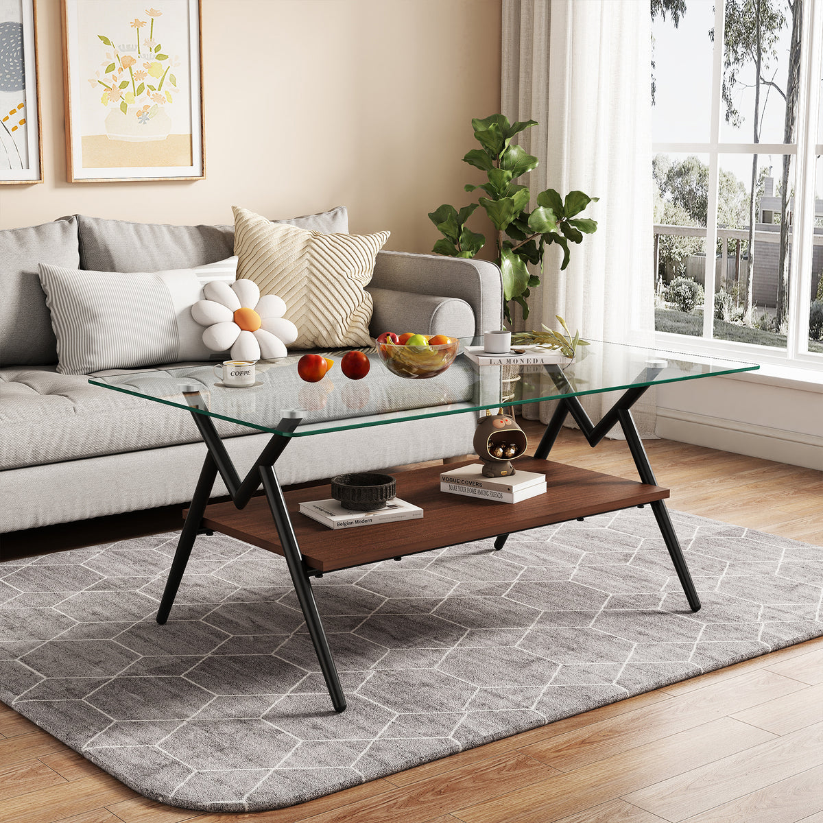 Rectangular Glass Coffee Table with Black Frame