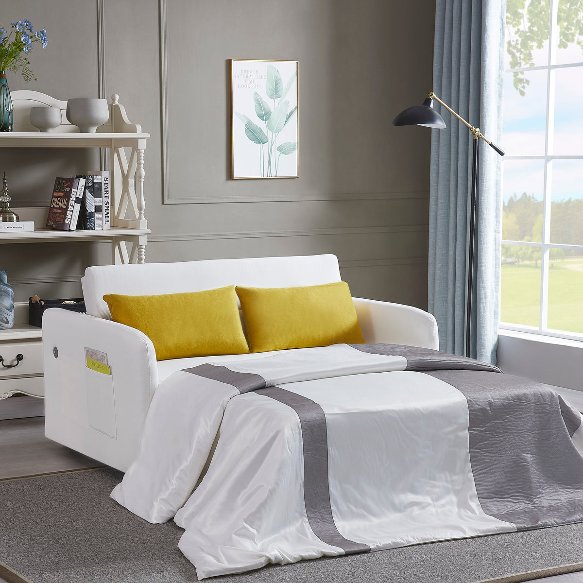 Cream Convertible Sofa Bed – Twin Size Sleeper with Storage