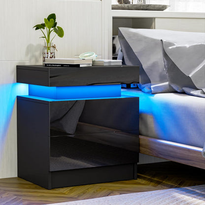 Black LED Nightstand with Storage Drawers