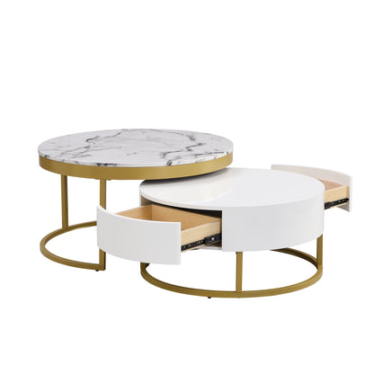 Round Nesting Coffee Table Set White Marble
