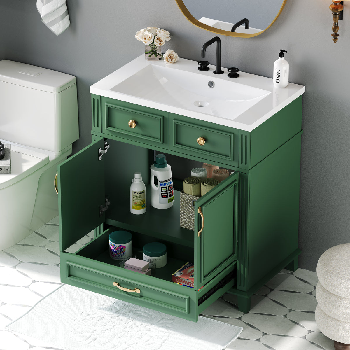 30-Inch Solid Wood Bathroom Vanity with Sink Green