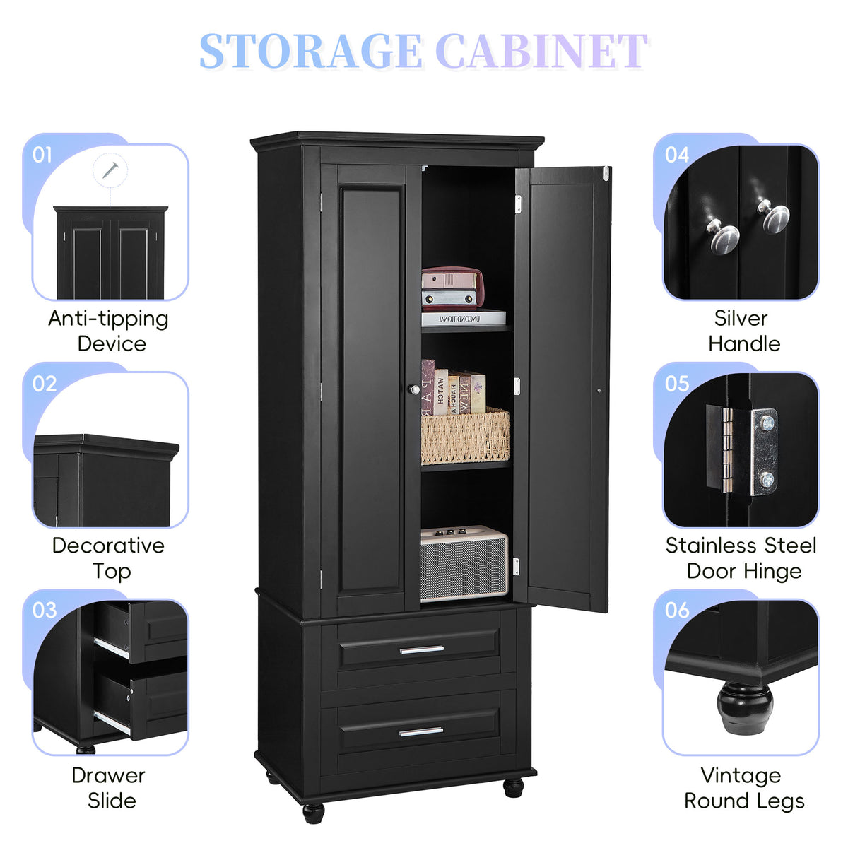 Tall Black Storage Cabinet with Drawers