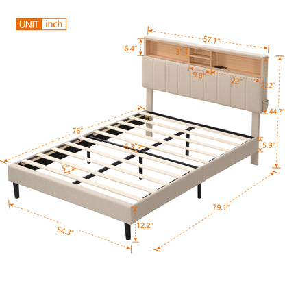 Full Upholstered Storage Bed – Beige Linen