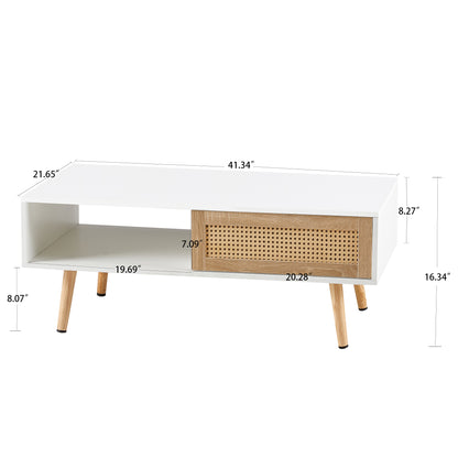 Rattan Coffee Table with Sliding Door White