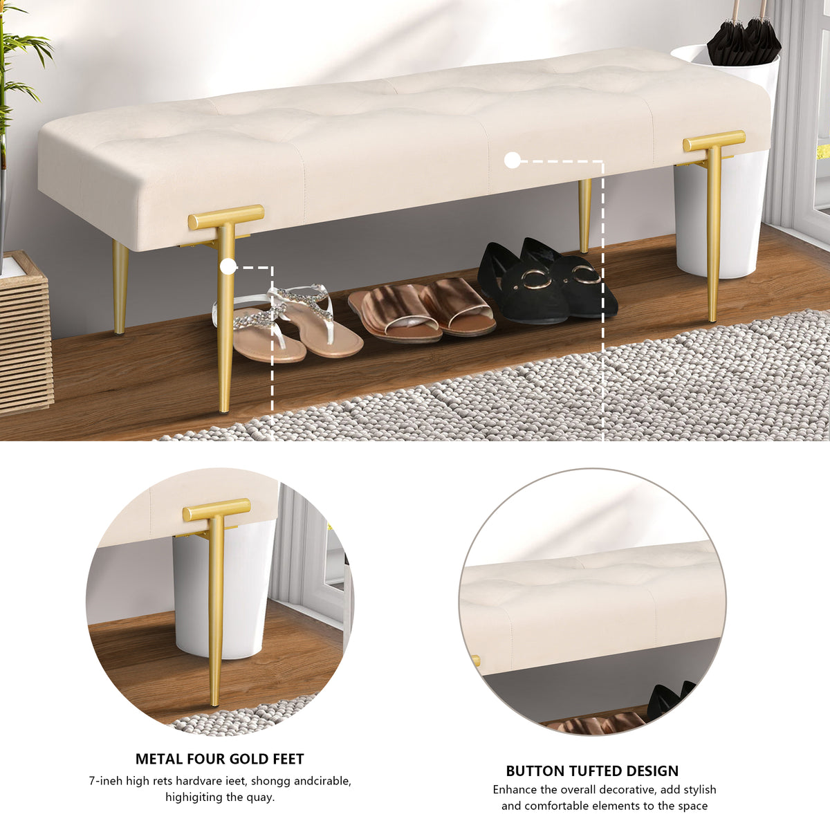 Modern Ottoman Bench with Gold Legs and Cushion