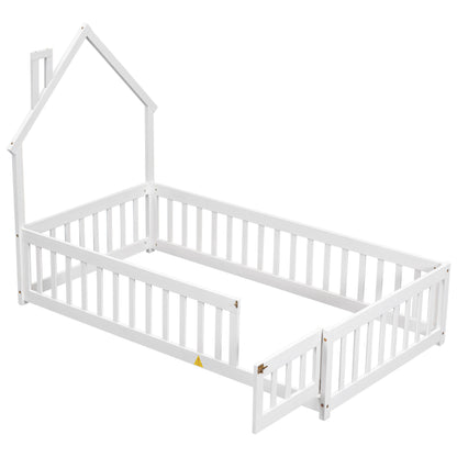 Twin Floor Bed with Fence – White Finish