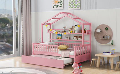 Twin House Bed with Trundle Pink