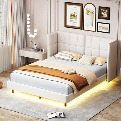 Queen Platform Bed with LED Headboard Beige