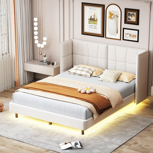 Queen Platform Bed with LED Headboard Beige