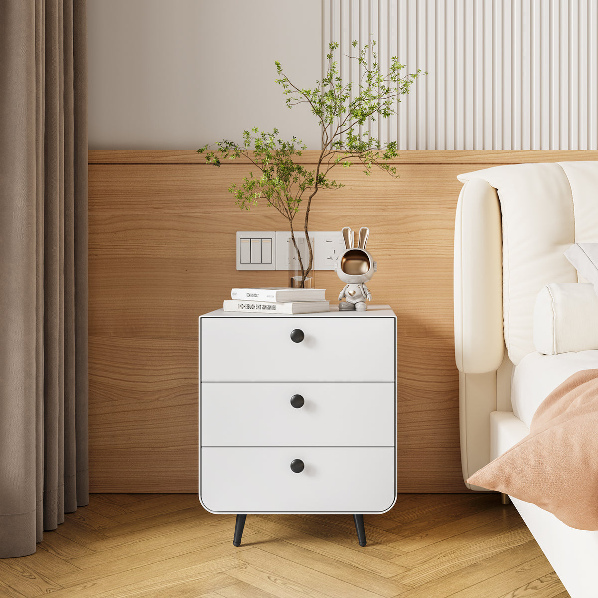 Modern Steel Bedside Table with 3 Drawers