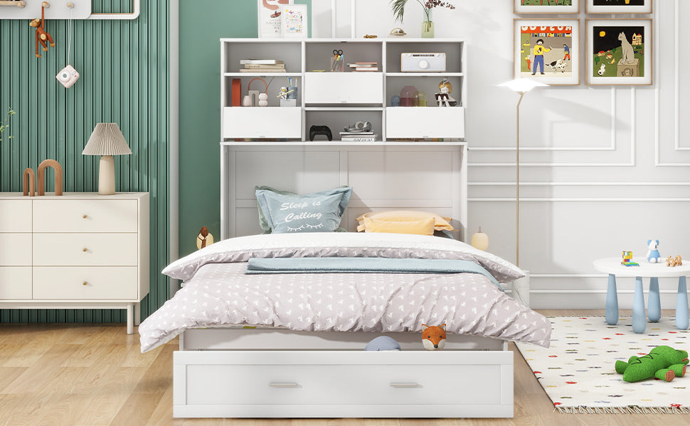 Queen Murphy Bed with Bookcase Storage – White