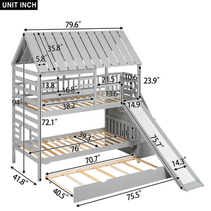 Twin Bunk Bed with Roof and Ladder Gray