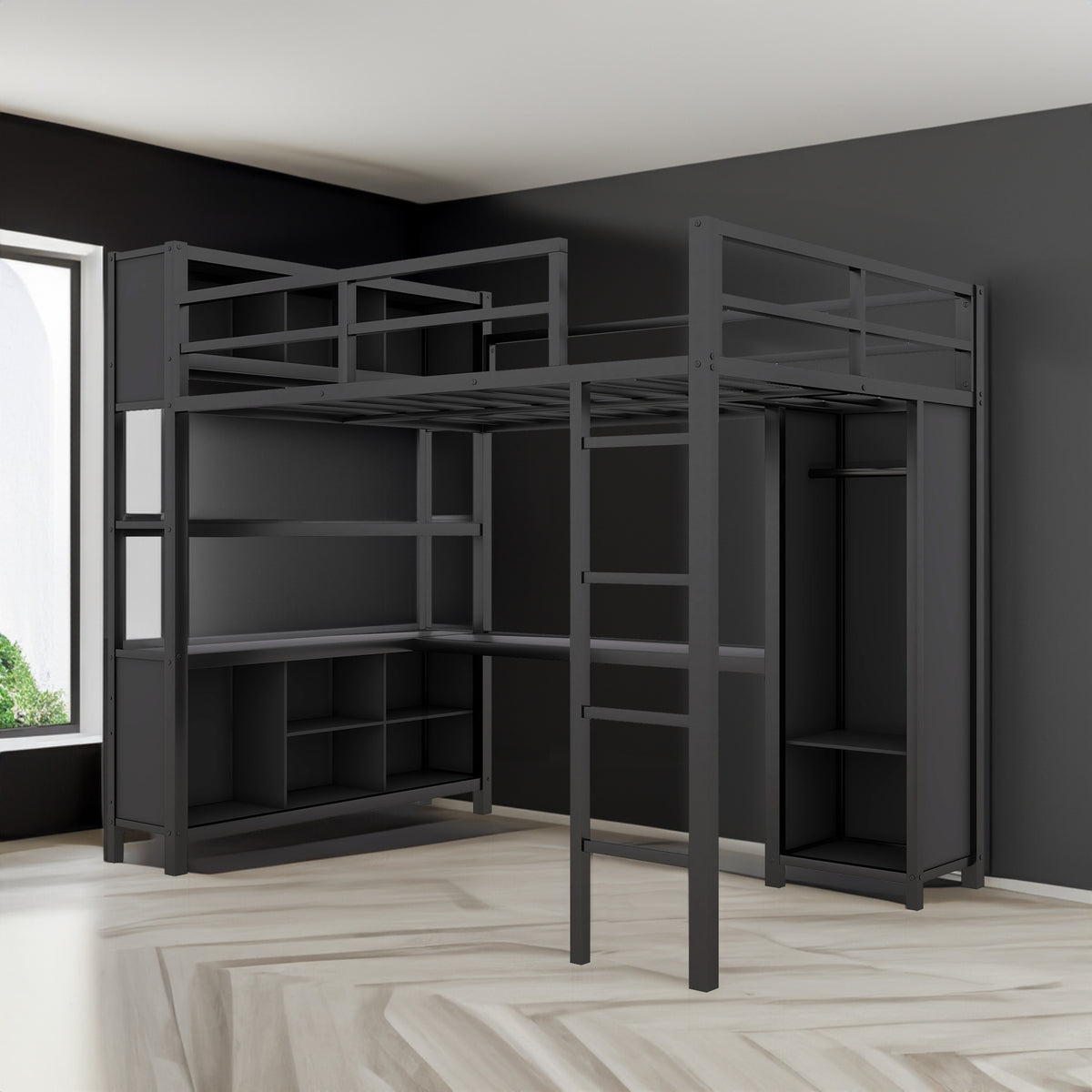 Metal L-Shaped Loft Bed – Black
