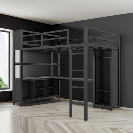 Metal L-Shaped Loft Bed – Black
