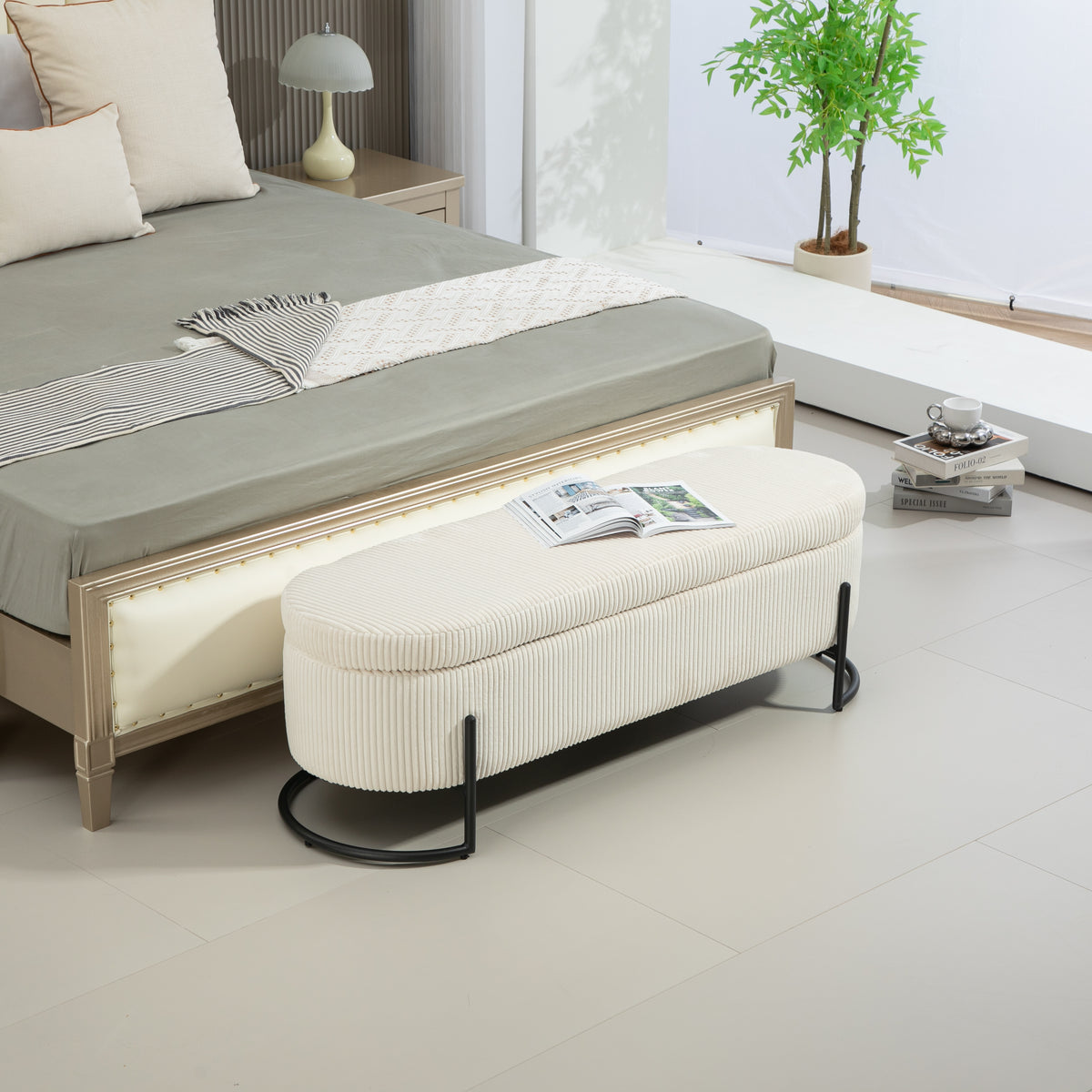 Storage Ottoman Stool – Beige Fabric