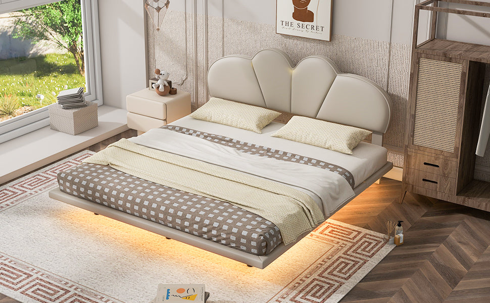 Upholstered Queen Bed with PU Headboard Beige