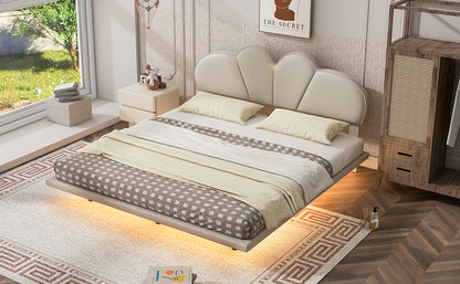 Upholstered Queen Bed with PU Headboard Beige