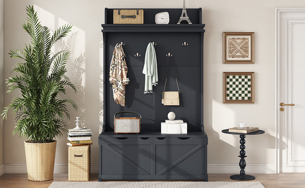 Dark Blue Hall Tree with Desk, Hooks, and Shelves