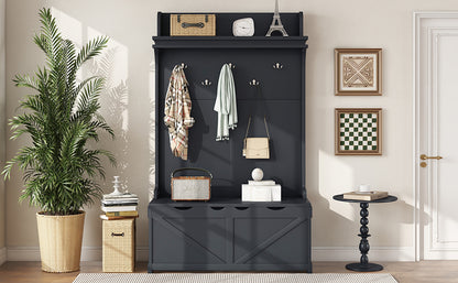 Dark Blue Hall Tree with Desk, Hooks, and Shelves