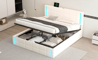 Queen Upholstered Bed with LED White