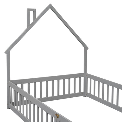 House Frame Bed with Fence Gray