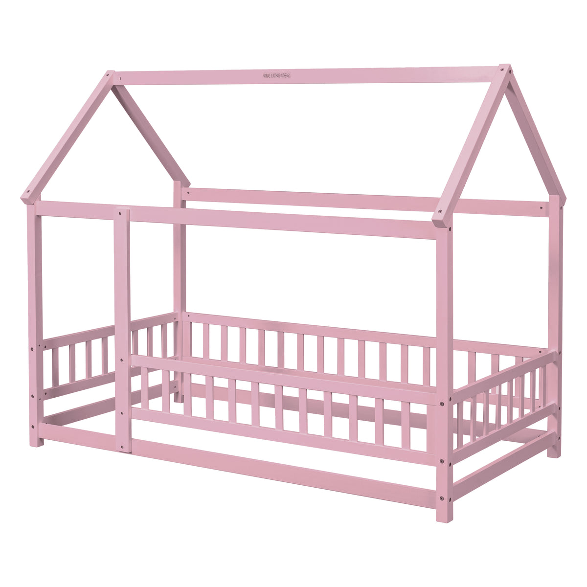 Twin Floor Bed with Fence Guardrails Pink