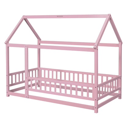 Twin Floor Bed with Fence Guardrails Pink