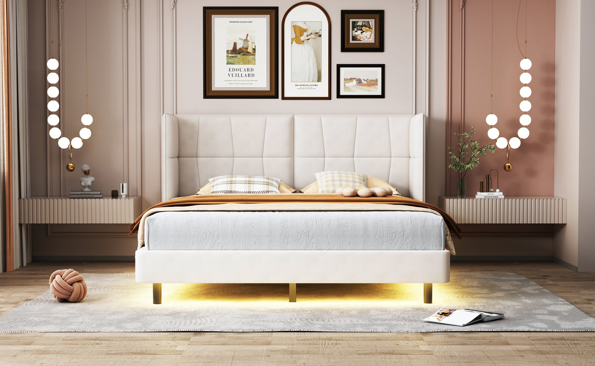 Queen Platform Bed with LED Headboard Beige