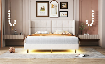 Queen Platform Bed with LED Headboard Beige