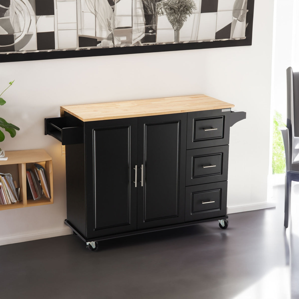 Extendable Kitchen Island with Rubber Wood Top