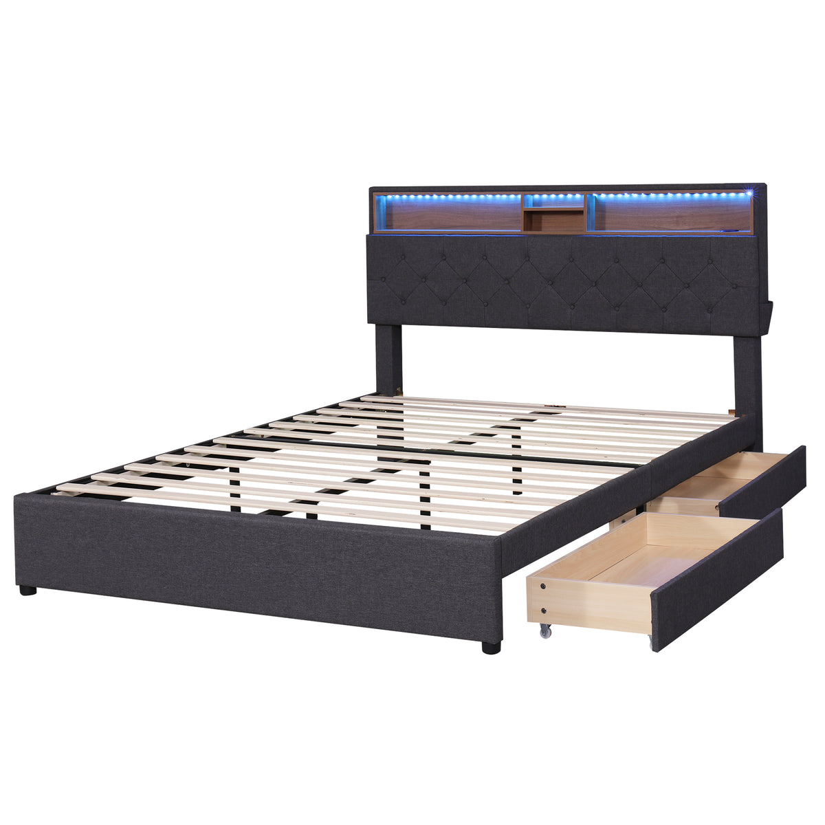 Queen LED Upholstered Storage Bed – Dark Gray