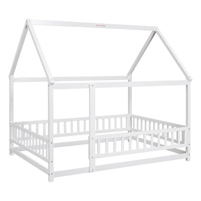Full Wooden Bed with House Roof Frame White